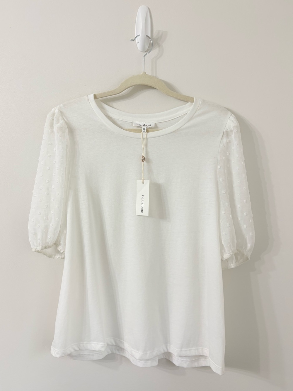 NWT HEARTLOOM White Puff Sheer Swiss Dot Sleeves Tshirt Romantic Quiet Luxury XL - Picture 2 of 7